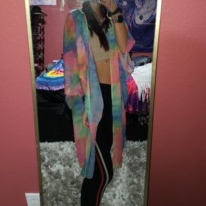 Boho long kimono cardigan cover up pastel tie dye